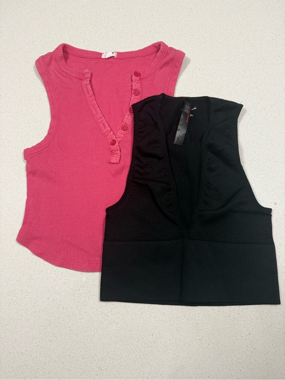 Pink Ribbed Tank and Black V-Neck Crop Top